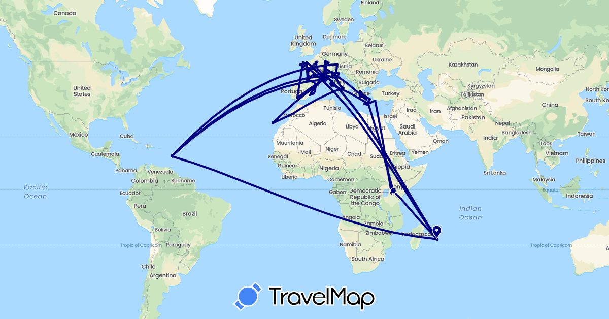 TravelMap itinerary: driving in Andorra, Switzerland, Germany, Spain, France, Greece, Italy, Kenya, Morocco, Monaco (Africa, Europe)