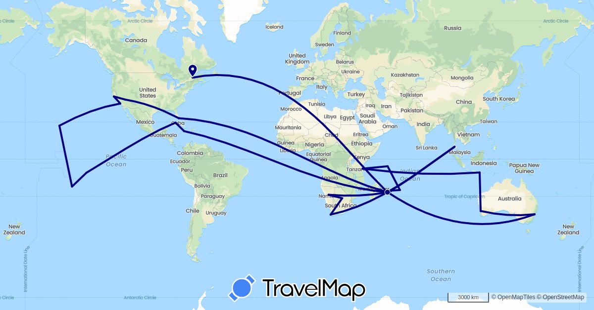 TravelMap itinerary: driving in Australia, Botswana, Canada, Cuba, France, Indonesia, Jamaica, Mauritius, Namibia, Réunion, Seychelles, Thailand, Tanzania, United States, South Africa (Africa, Asia, Europe, North America, Oceania)